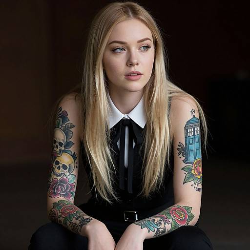 Photograph of a blonde woman with long hair, wearing a black vest and white collar, showcasing colorful tattoos of skulls, roses, and the TARD