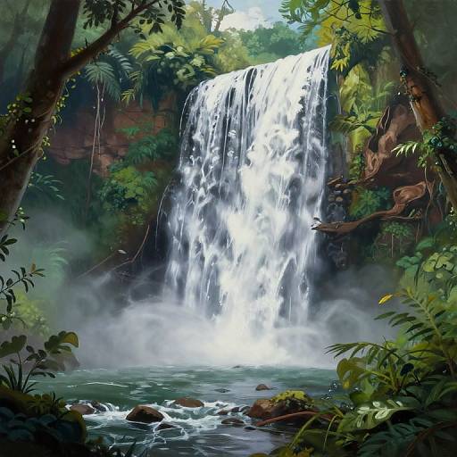 Digital painting of a lush, jungle waterfall, cascading down a rocky cliff, surrounded by vibrant green foliage, mist at the base, and a serene