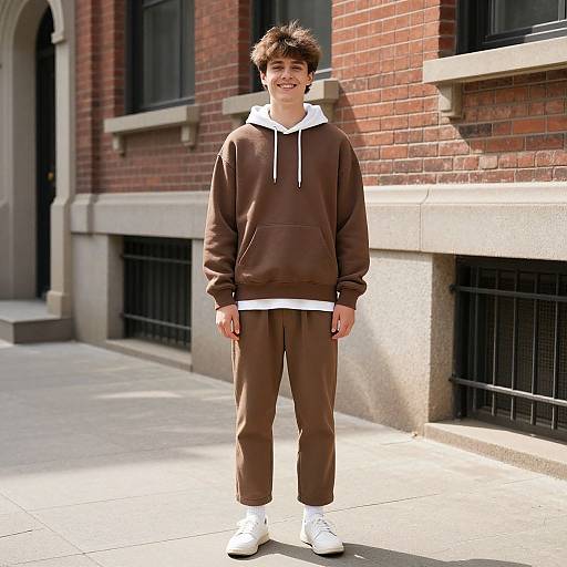 Photograph of a young man with short, messy brown hair, wearing a brown hoodie, brown sweatpants, and white sneakers, standing on a sun