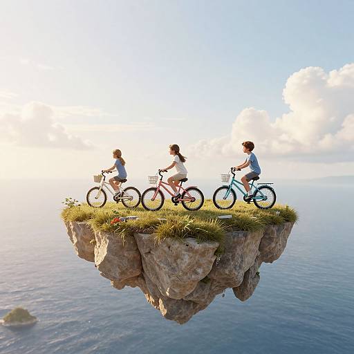 Digital artwork: Three children riding bicycles on a grassy, floating rock island above a calm ocean, with a bright, cloudy sky.