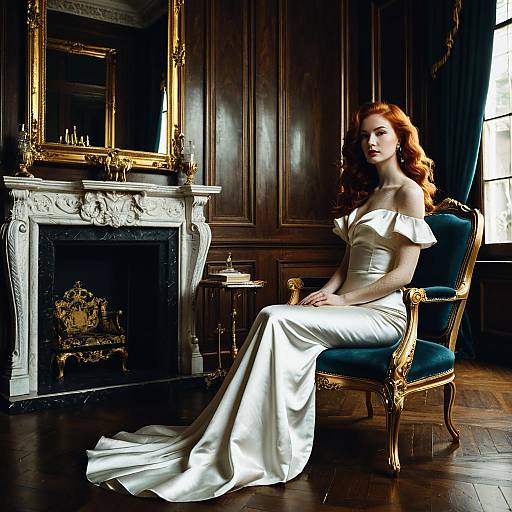 Redhead Woman in White Satin Gown in Opulent Interior