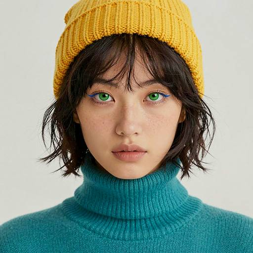 Portrait of Young Woman in Yellow Beanie and Teal Sweater