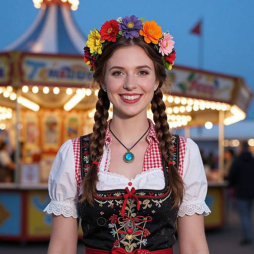Photograph of a smiling young woman with braided brown hair, wearing a colorful flower crown, traditional Bavarian dress, and necklace, in front of