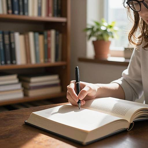 Photograph of a person with glasses, writing in an open book with a black pen, in a sunlit library.