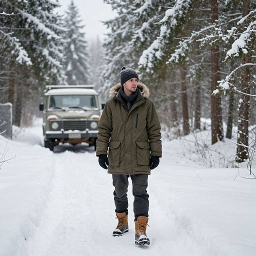 Photograph of a man in a green winter coat, black beanie, gloves, and tan boots walking on a snowy forest road with an old green