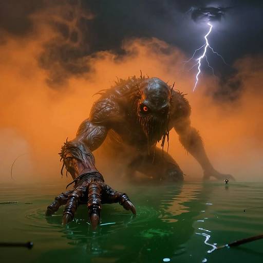 Gigantic Swamp Creature in Foggy Horror Scene