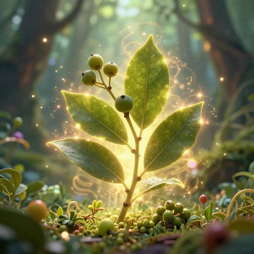 Photograph-style CGI of a glowing, magical plant with bright green leaves and small berries, surrounded by enchanted forest and glowing light.