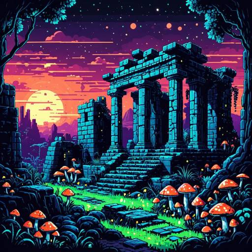 Pixel Art Ancient Ruins with Bioluminescent Mushrooms