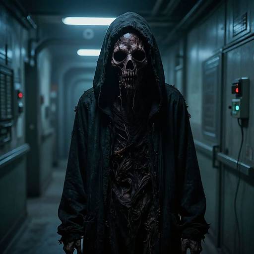 Photograph of a skeletal figure in a tattered black hooded cloak, standing in a dimly lit, blue-toned, industrial hallway with fluorescent