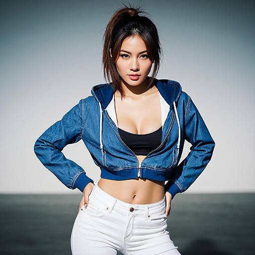 Trendy Asian Woman in Casual Denim Jacket and White Pants