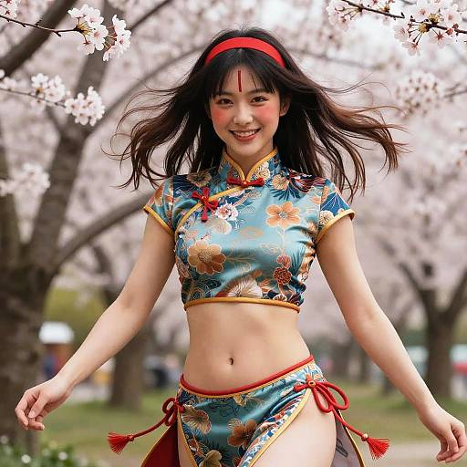 Asian woman with black hair, wearing red headband and floral blue cheongsam, smiling in cherry blossom park. Photograph.