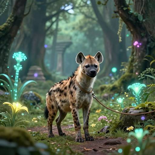 Digital artwork of a spotted hyena standing in a magical forest, led by a leash, surrounded by glowing flowers and ethereal lights.