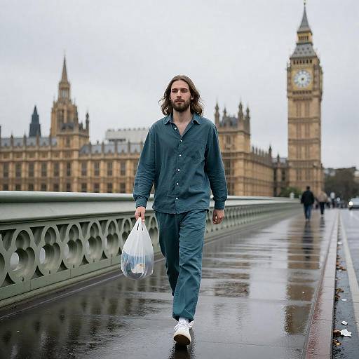 Man walking on Westminster Bridge with Big Ben