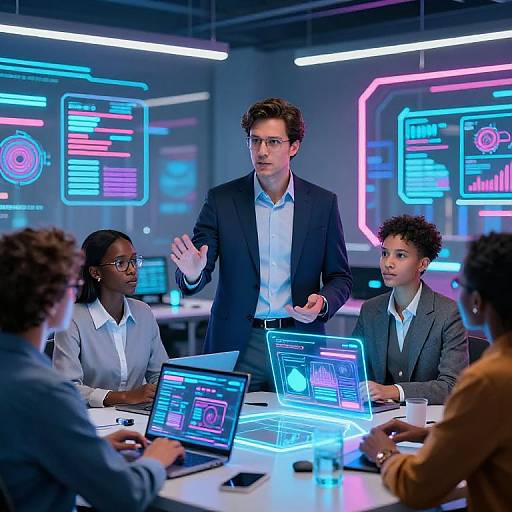 Photograph of a diverse tech team in a neon-lit office, led by a standing man in a suit explaining data on laptops.