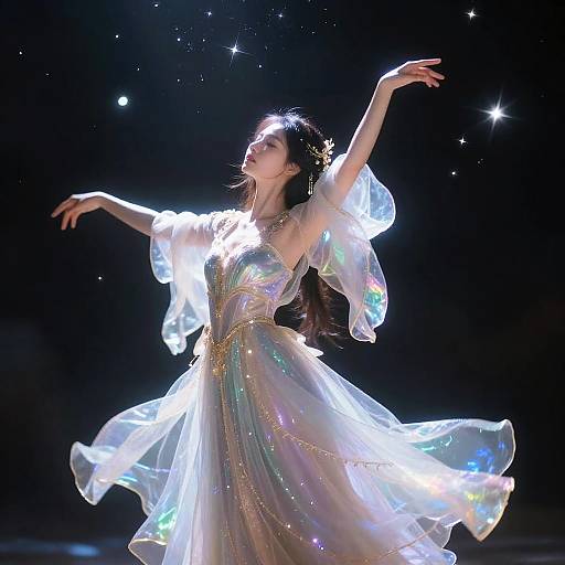 Photograph of an Asian ballerina in a shimmering, iridescent white dress, illuminated by stage lights, dancing gracefully against a starry