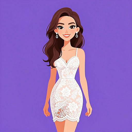 Digital illustration of a smiling woman with long brown hair, wearing a white lace mini dress, against a solid purple background.