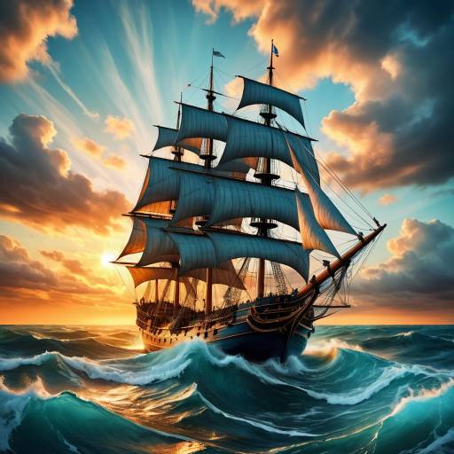 Sailing Ship at Sunset on Rough Sea