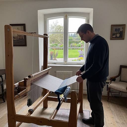 Photograph of a man in a dark sweater and jeans, standing in a bright room, weaving on a wooden loom near a window with a garden
