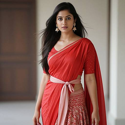 Photograph of a beautiful Indian woman with long black hair, wearing a red saree with a pink sash, and ornate earrings, standing in