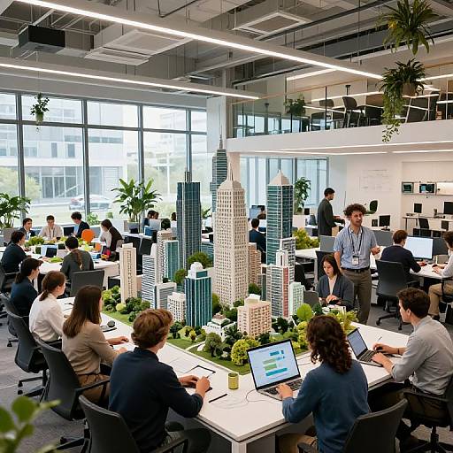 Photograph of a modern, bright office with large windows, multiple employees working at desks, and a mini cityscape model in the center.