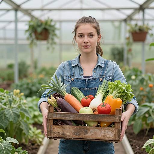 Photograph of a young woman with fair skin and brown hair in denim overalls, holding a wooden crate filled with colorful vegetables, standing in a bright