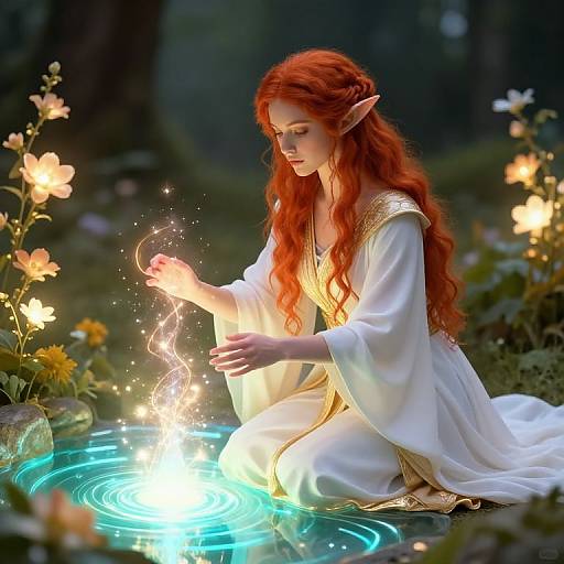 Digital art of a red-haired, elf-like woman with pointed ears, kneeling in a glowing, blue-tinged pond, creating sparkles with her