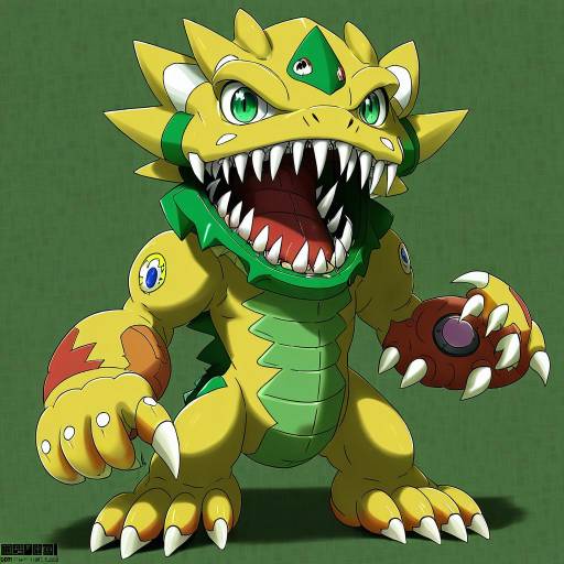 Illustration of Agumon, digimon in the style of Tonbi