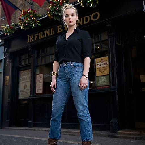Photograph of a blonde woman with a serious expression, wearing a black blouse, blue jeans, and brown boots, standing in front of an Irish Ende