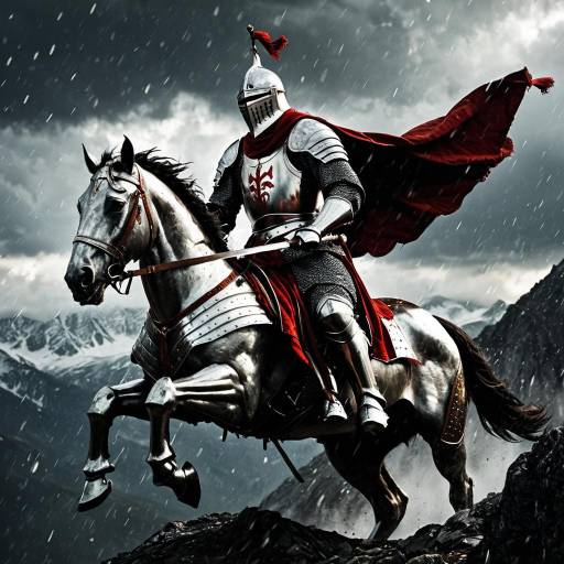 Armored Medieval Knight on Horse in Stormy Mountains
