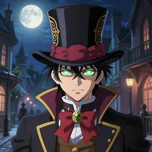Anime-style drawing of a handsome man with glowing green eyes, black top hat with red ribbon, and dark coat, standing in a moonlit, Gothic
