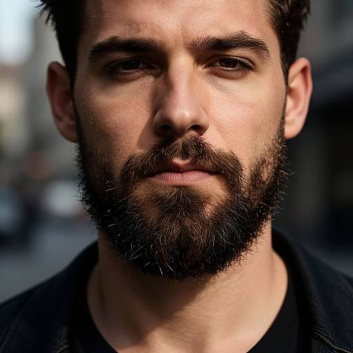 Close-up photograph of a rugged, bearded man with dark brown hair, intense gaze, and fair skin, wearing a black shirt, set against a