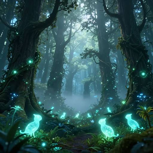 Mystical forest scene with glowing blue fireflies and ethereal creatures, illuminated by soft moonlight filtering through dense, dark trees. Digital fantasy artwork