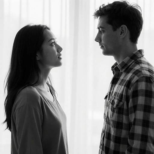 Black and White Portrait of Couple Facing Each Other