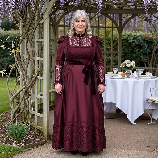 Photograph of an older white woman with gray hair, wearing a dark red lace long dress, standing in a garden under a wisteria-covered perg