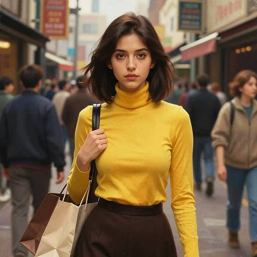 Photograph of a young woman with dark hair, wearing a yellow turtleneck and black skirt, carrying a beige bag, standing in a bustling urban