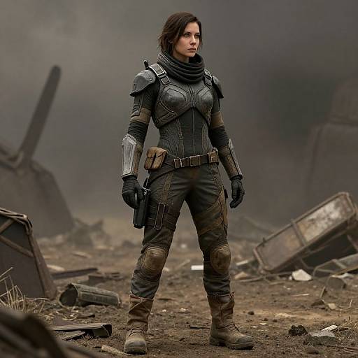 Photograph-style CGI of a fierce, dark-haired woman in armored, dark brown futuristic combat gear standing in a smoky, ruined, debris-filled landscape