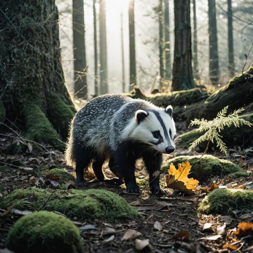 Badger Foraging in Mossy Forest