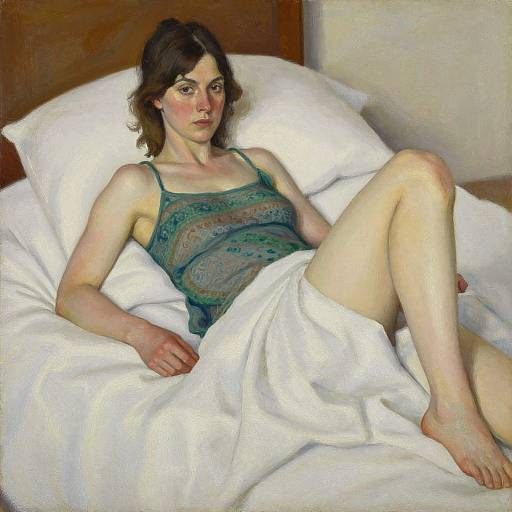 Realistic oil painting of a young woman with fair skin and brown hair, wearing a green patterned camisole, lying on a white bed with