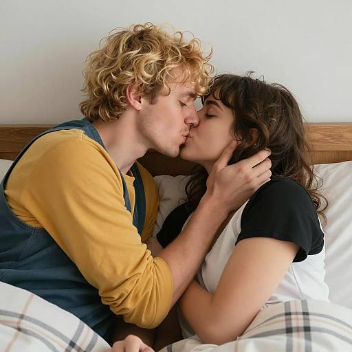 Romantic Bedside Kiss with Plaid Blanket