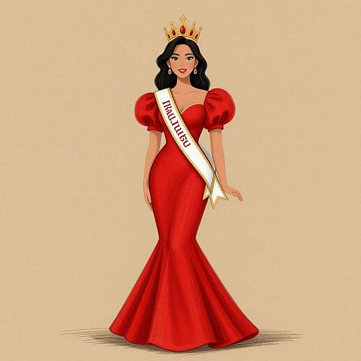 Digital illustration of a beautiful woman with long black hair, wearing a red, puffed-sleeve gown, crown, and 