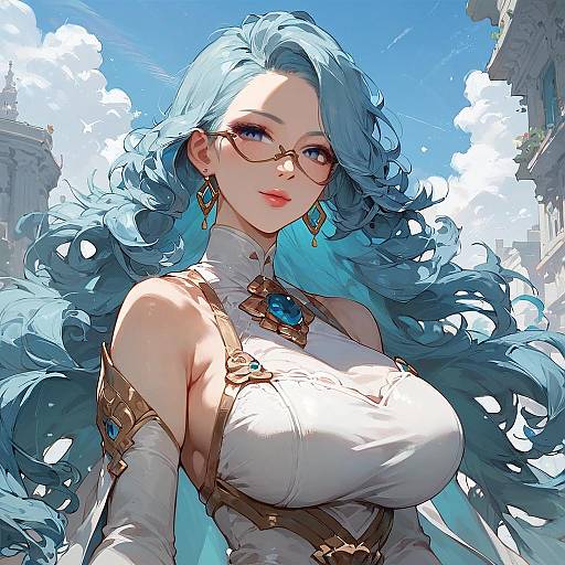 Mature Cyan-Haired Woman in White Dress