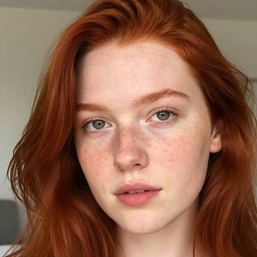 Photograph of a fair-skinned, freckled young woman with vibrant red hair, light green eyes, and natural makeup, set against a blurred