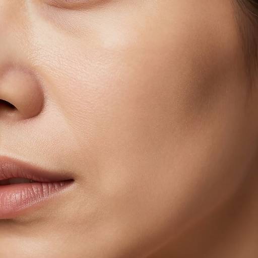 Close-up photograph of a woman's smooth, light brown skin with slightly parted pink lips and a subtle texture.