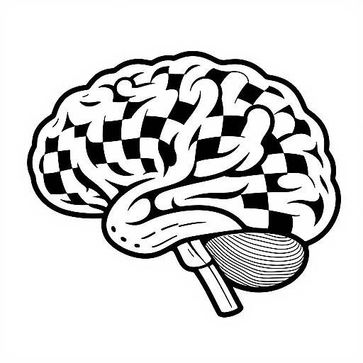 Black-and-white digital drawing of a brain with a checkerboard pattern, detailed with bold outlines and shaded texturing on the bottom right.