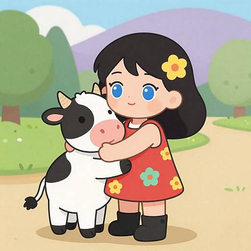 Girl Hugging Cow on Yellow Path