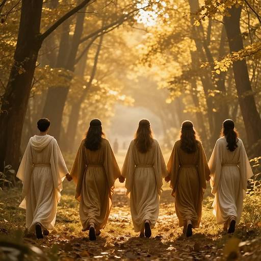 Photograph of four women in ancient-style white robes, holding hands, walking away down a golden-lit, sun-dappled forest path.