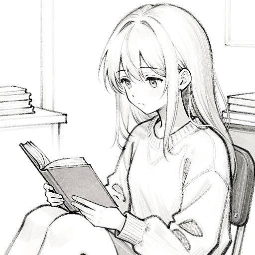 Calm Anime Girl Reading Sketch