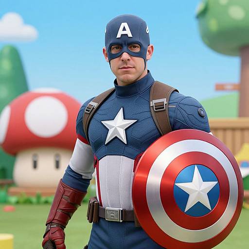 Photorealistic CGI of a muscular man in Captain America's blue and white costume, holding his red and white shield, in a Super Mario-style outdoor