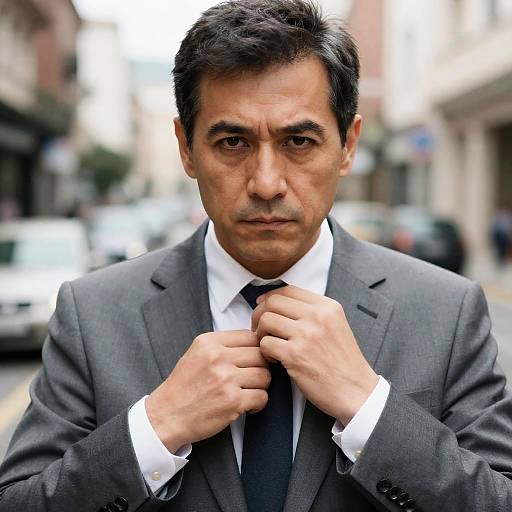 Focused Man Adjusting Tie in City