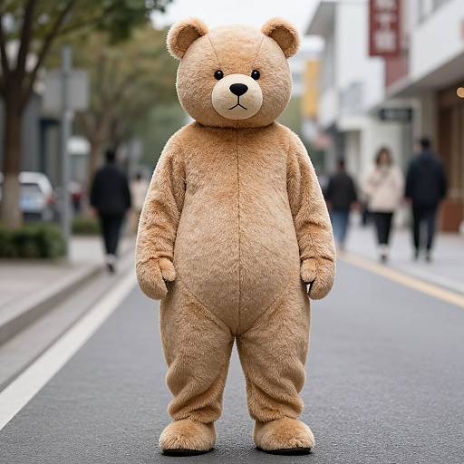Photograph of a person in a light brown, plush teddy bear costume standing on a city street with blurred pedestrians and buildings in the background.